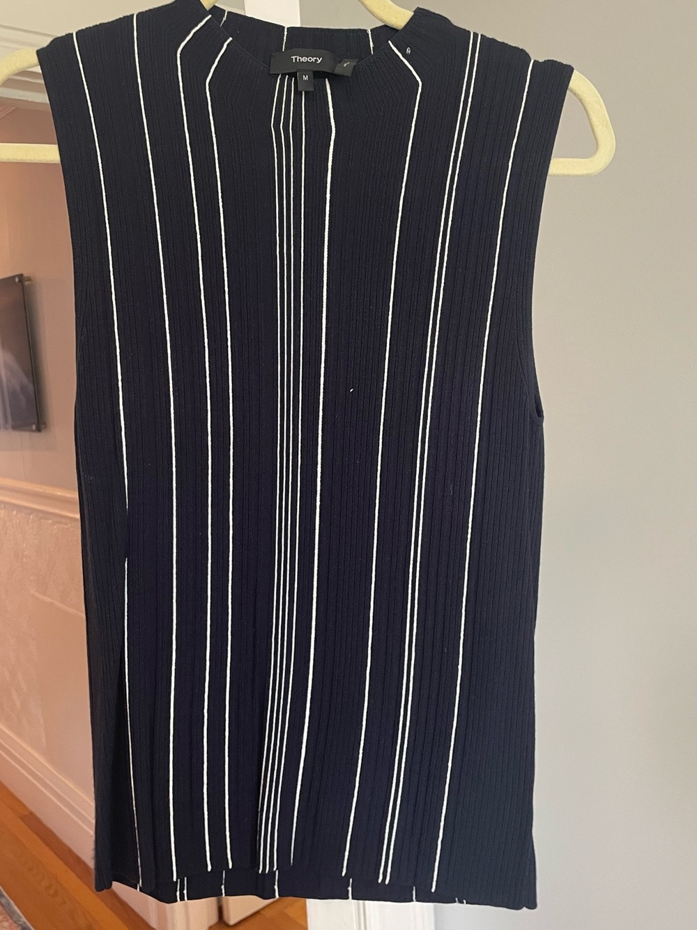 Theory Hankson Navy and White Striped Ribbed Mock Neck Top